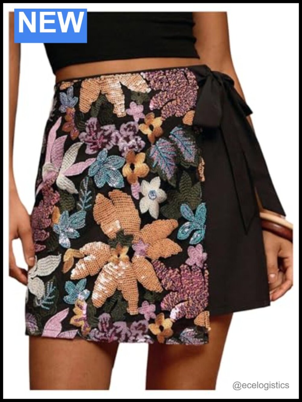Floral Sequin Wrap Skirt High Waisted Tie Side Short Summer Vacation